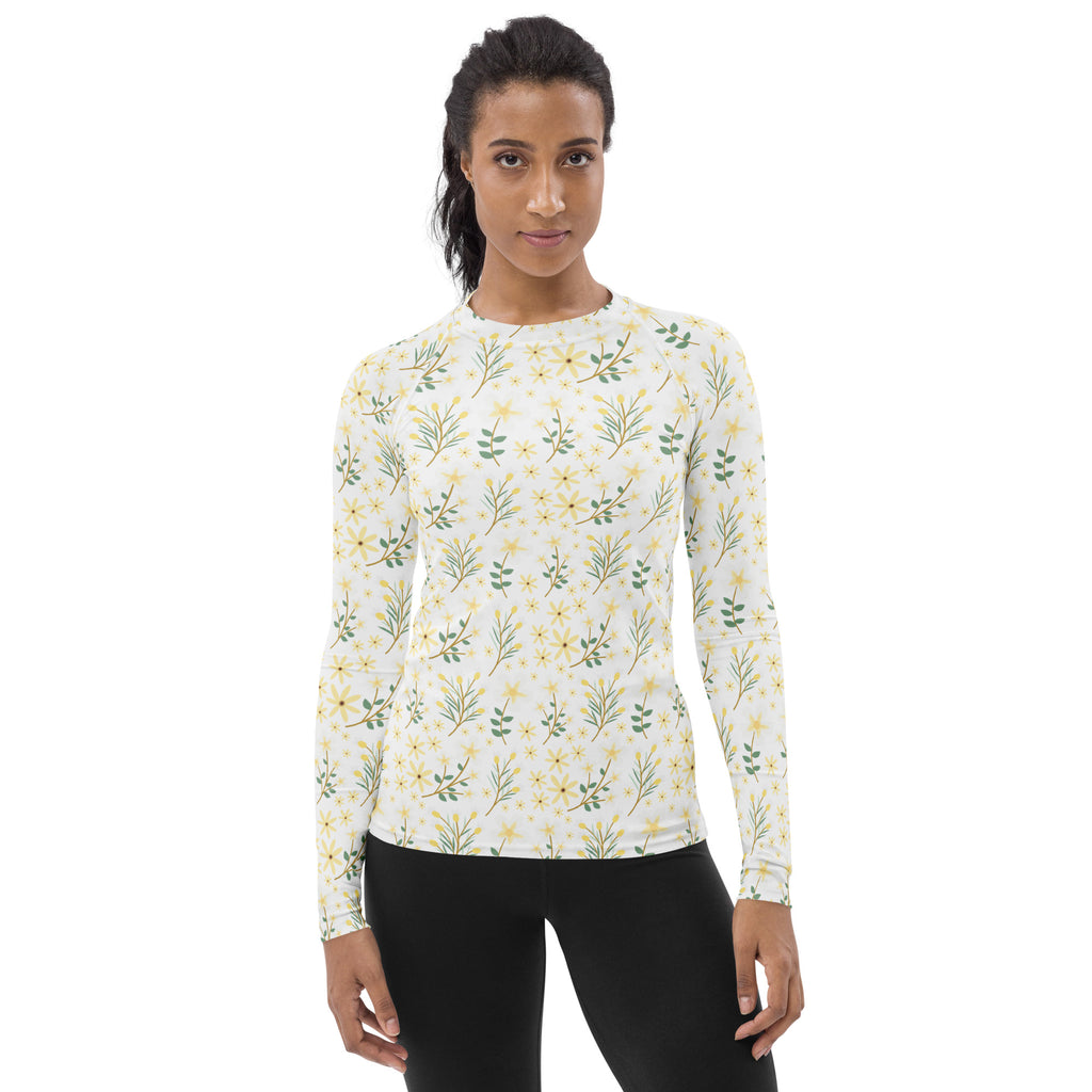 Women's Yellow Wildflower Long Sleeve Rash Guard Swim Shirt – Buttery Soft, Sun Safe UPF 50+ Protection, Quick Dry & 4-Way Stretch Comfort