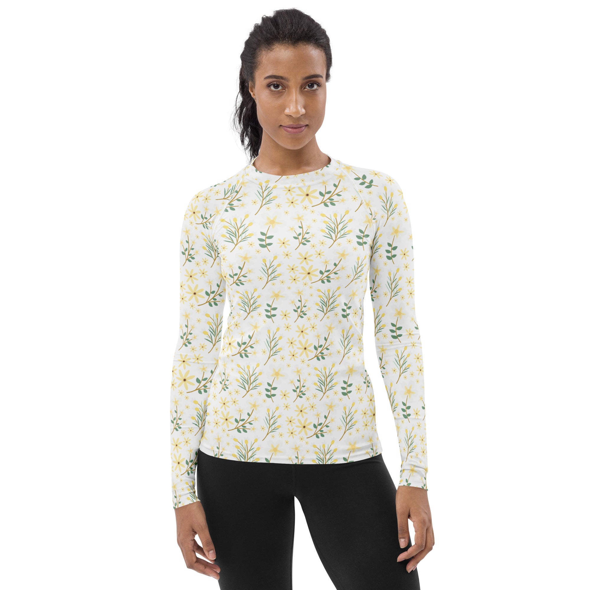 Women's Yellow Wildflower Long Sleeve Rash Guard Swim Shirt – Buttery Soft, Sun Safe UPF 50+ Protection, Quick Dry & 4-Way Stretch Comfort