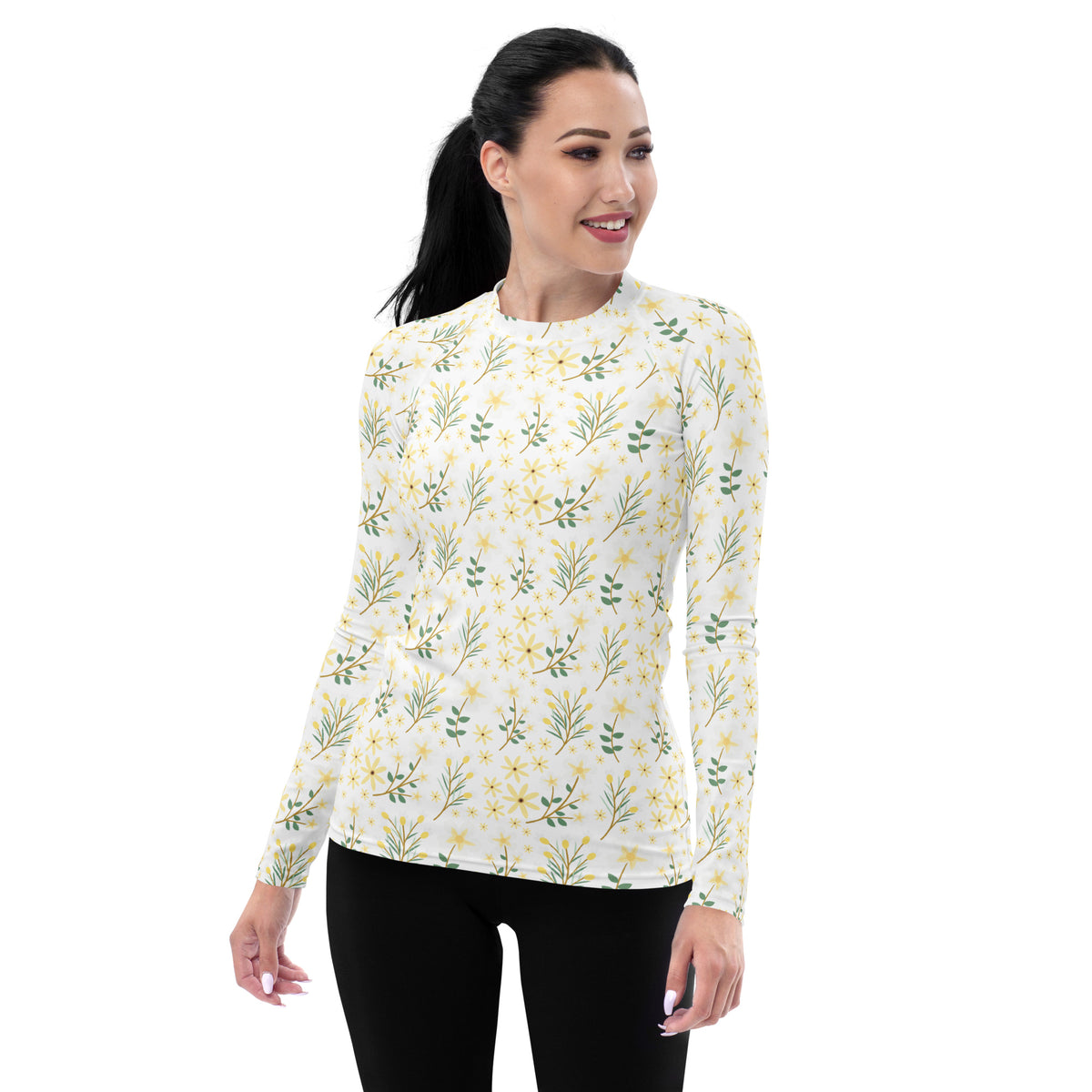 Women's Yellow Wildflower Long Sleeve Rash Guard Swim Shirt – Buttery Soft, Sun Safe UPF 50+ Protection, Quick Dry & 4-Way Stretch Comfort