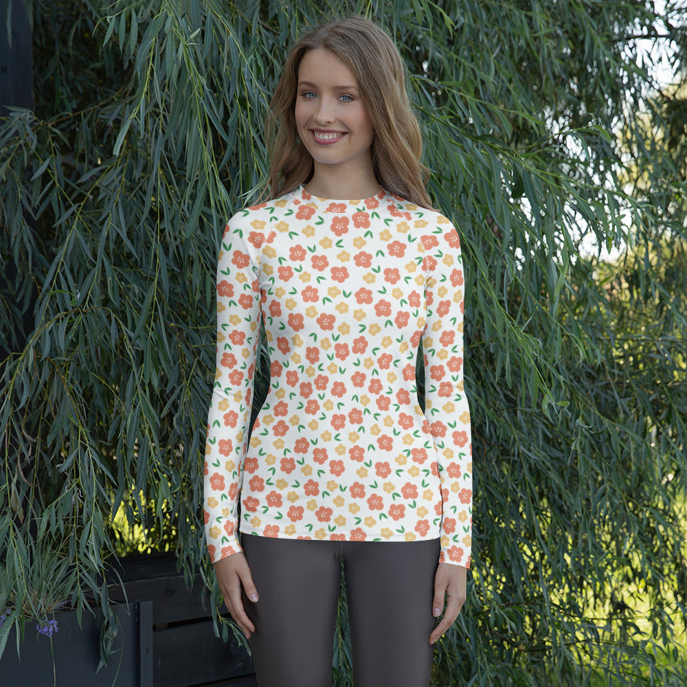 Women's Orange Floral Long Sleeve Rash Guard Swim Shirt – Buttery Soft, Sun Safe UPF 50+ Protection, Quick Dry & 4-Way Stretch Comfort