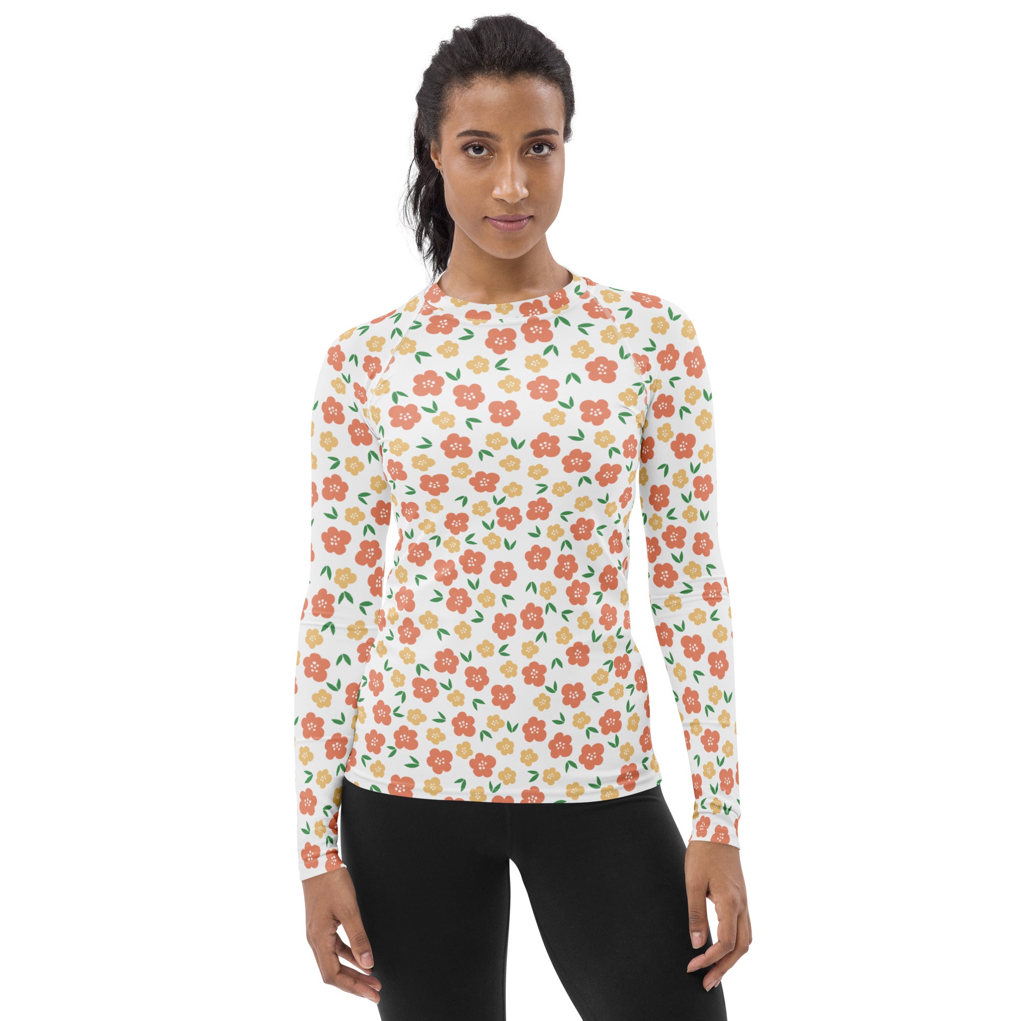 Women's Orange Floral Long Sleeve Rash Guard Swim Shirt – Buttery Soft, Sun Safe UPF 50+ Protection, Quick Dry & 4-Way Stretch Comfort