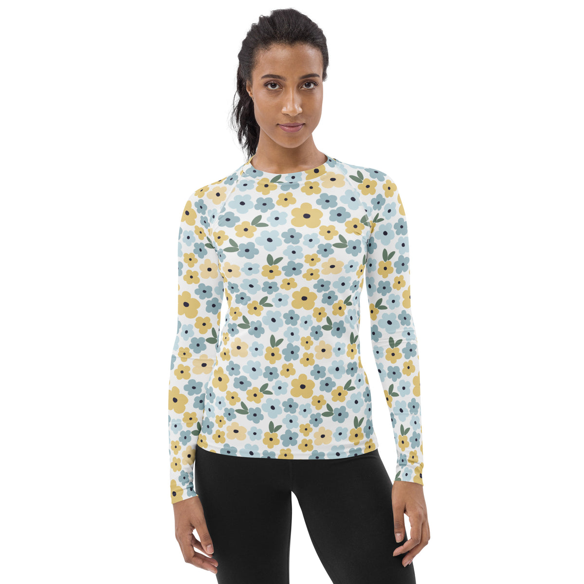 Women's Blue & Yellow Floral Long Sleeve Rash Guard Swim Shirt – Buttery Soft, Sun Safe UPF 50+ Protection, Quick Dry & 4-Way Stretch Comfort