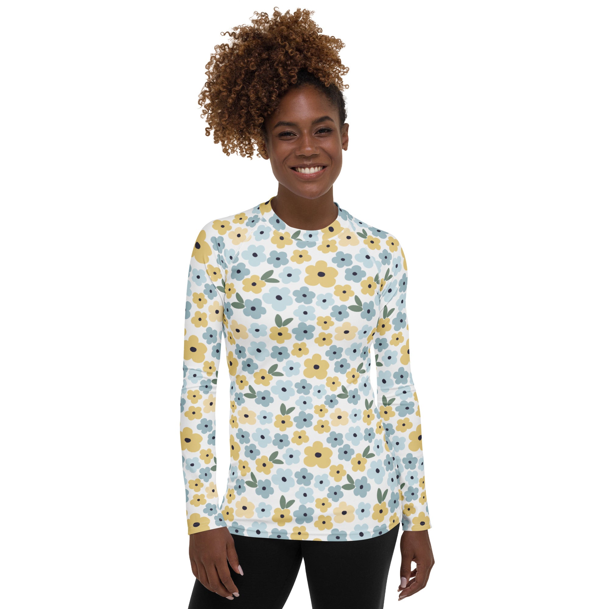 Women's Blue & Yellow Floral Long Sleeve Rash Guard Swim Shirt – Buttery Soft, Sun Safe UPF 50+ Protection, Quick Dry & 4-Way Stretch Comfort