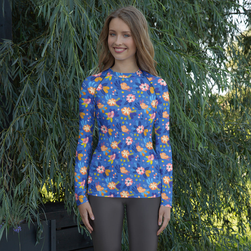 Women's Colorful Blue Floral Long Sleeve Rash Guard Swim Shirt – Buttery Soft, Sun Safe UPF 50+ Protection, Quick Dry & 4-Way Stretch Comfort