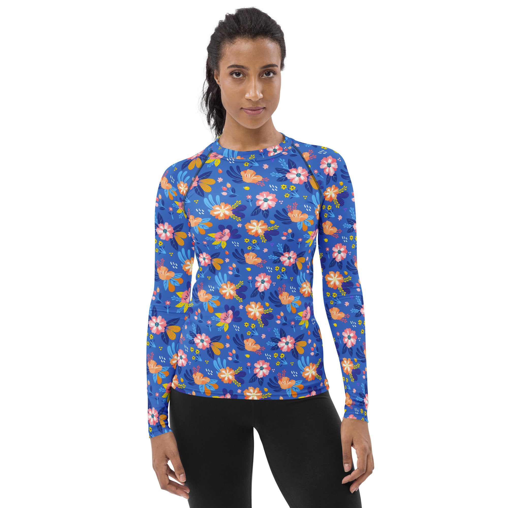 Women's Colorful Blue Floral Long Sleeve Rash Guard Swim Shirt – Buttery Soft, Sun Safe UPF 50+ Protection, Quick Dry & 4-Way Stretch Comfort