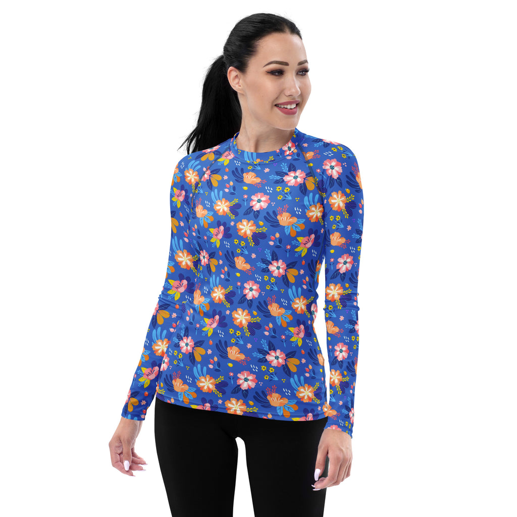 Women's Colorful Blue Floral Long Sleeve Rash Guard Swim Shirt – Buttery Soft, Sun Safe UPF 50+ Protection, Quick Dry & 4-Way Stretch Comfort