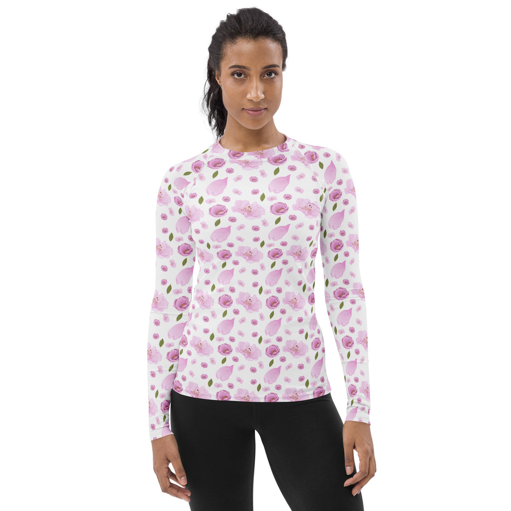 Women's Pink Cherry Blossom Long Sleeve Rash Guard Swim Shirt – Buttery Soft, Sun Safe UPF 50+ Protection, Quick Dry & 4-Way Stretch Comfort
