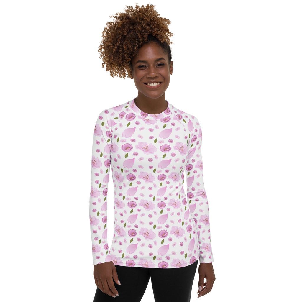 Women's Pink Cherry Blossom Long Sleeve Rash Guard Swim Shirt – Buttery Soft, Sun Safe UPF 50+ Protection, Quick Dry & 4-Way Stretch Comfort