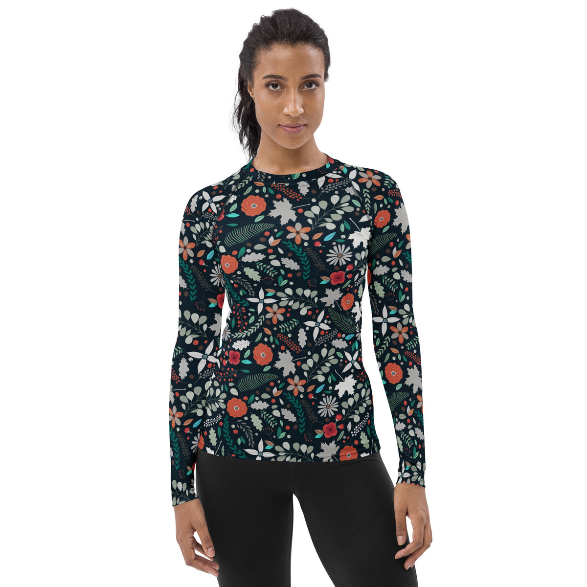 Women's Dark Green Botanical Long Sleeve Rash Guard Swim Shirt – Buttery Soft, Sun Safe UPF 50+ Protection, Quick Dry & 4-Way Stretch Comfort