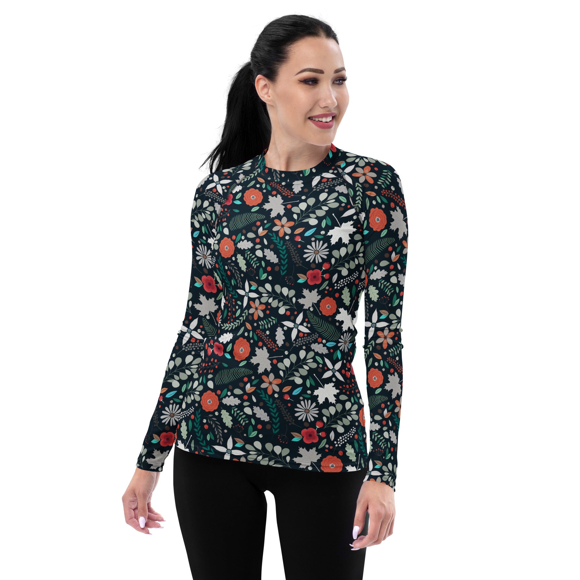 Women's Dark Green Botanical Long Sleeve Rash Guard Swim Shirt – Buttery Soft, Sun Safe UPF 50+ Protection, Quick Dry & 4-Way Stretch Comfort