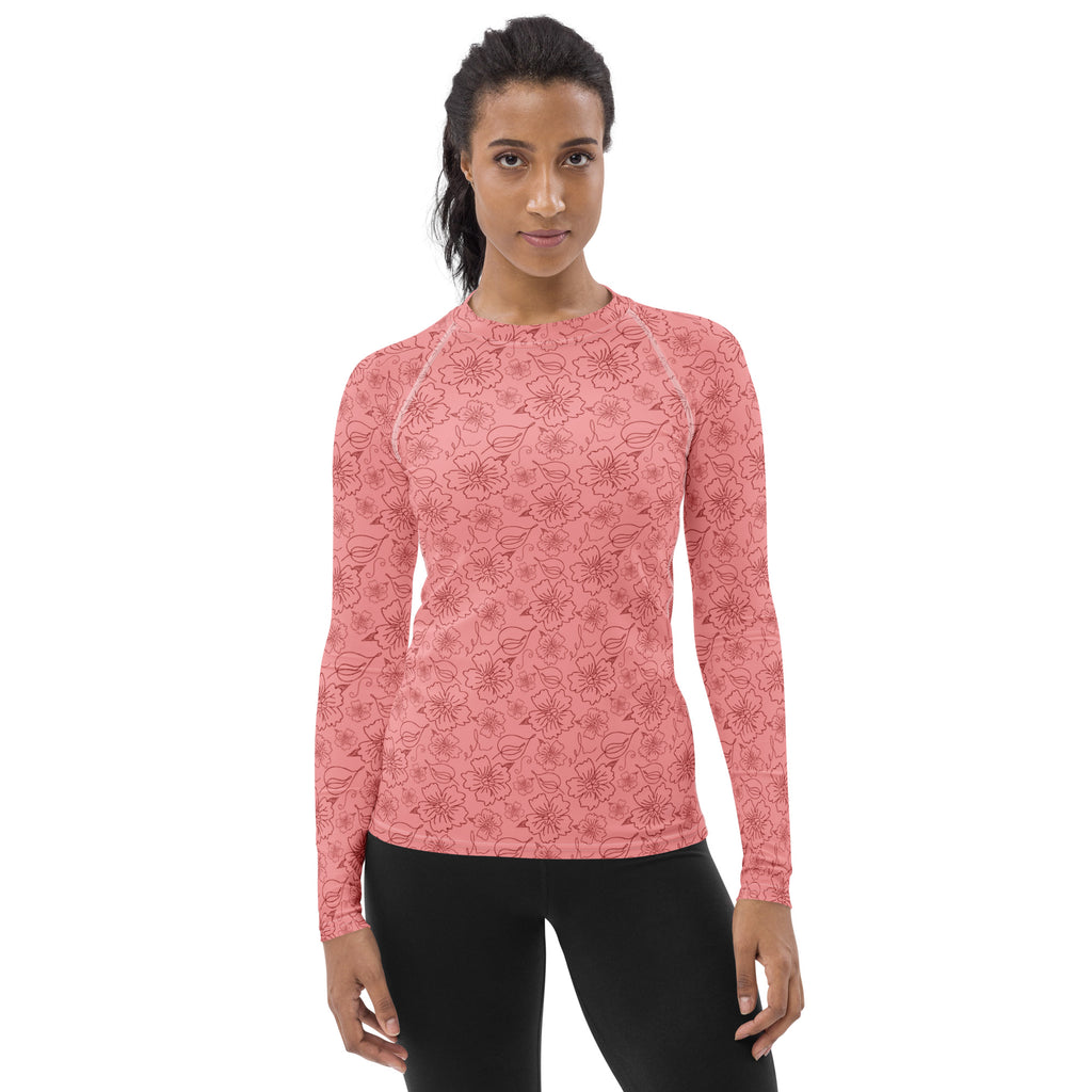 Women's Coral Pink Floral Long Sleeve Rash Guard Swim Shirt – Buttery Soft, Sun Safe UPF 50+ Protection, Quick Dry & 4-Way Stretch Comfort