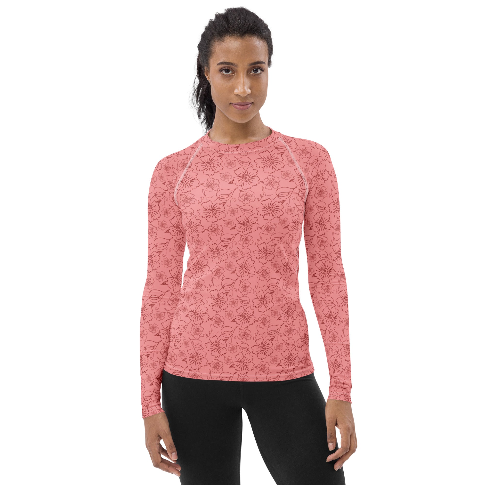 Women's Coral Pink Floral Long Sleeve Rash Guard Swim Shirt – Buttery Soft, Sun Safe UPF 50+ Protection, Quick Dry & 4-Way Stretch Comfort