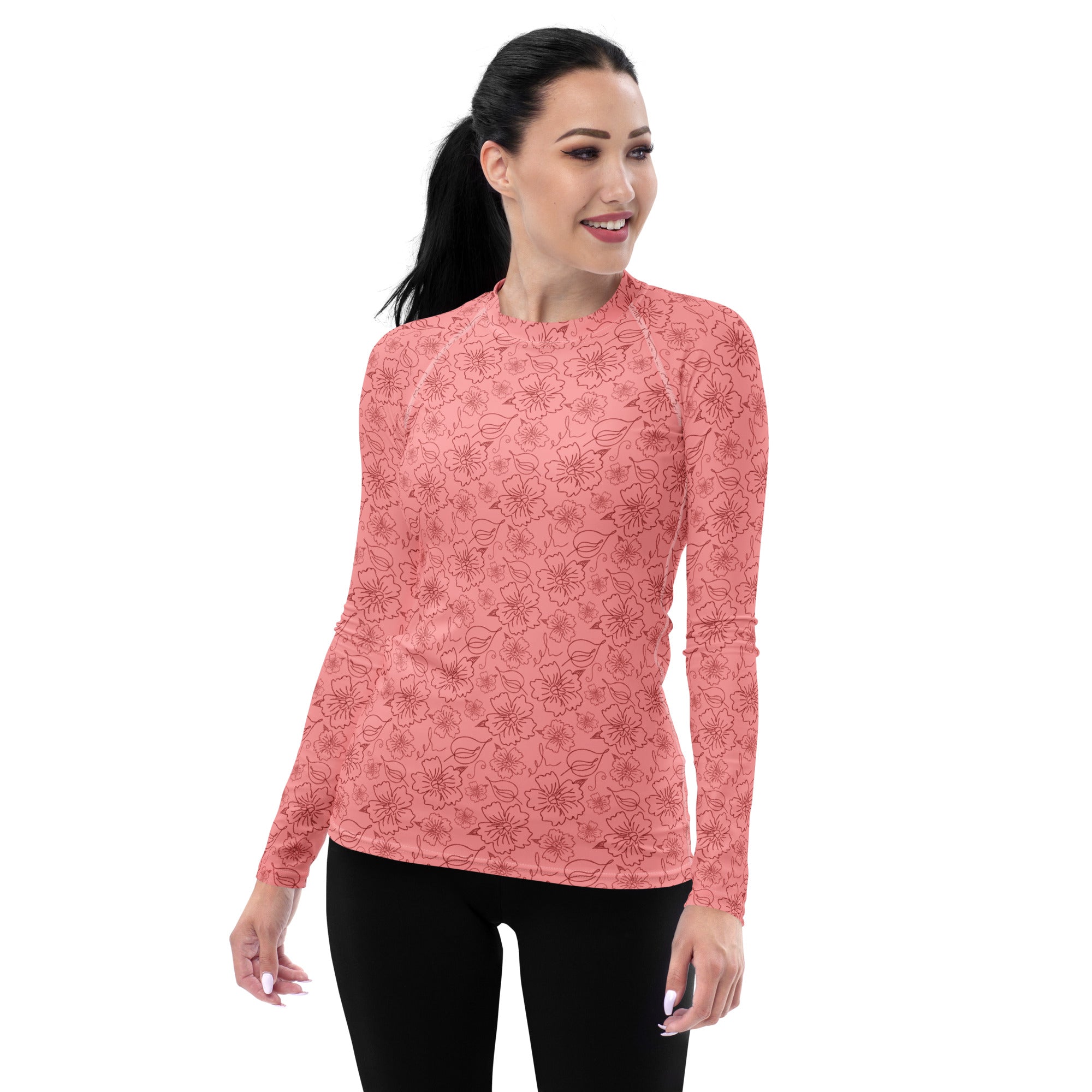 Women's Coral Pink Floral Long Sleeve Rash Guard Swim Shirt – Buttery Soft, Sun Safe UPF 50+ Protection, Quick Dry & 4-Way Stretch Comfort