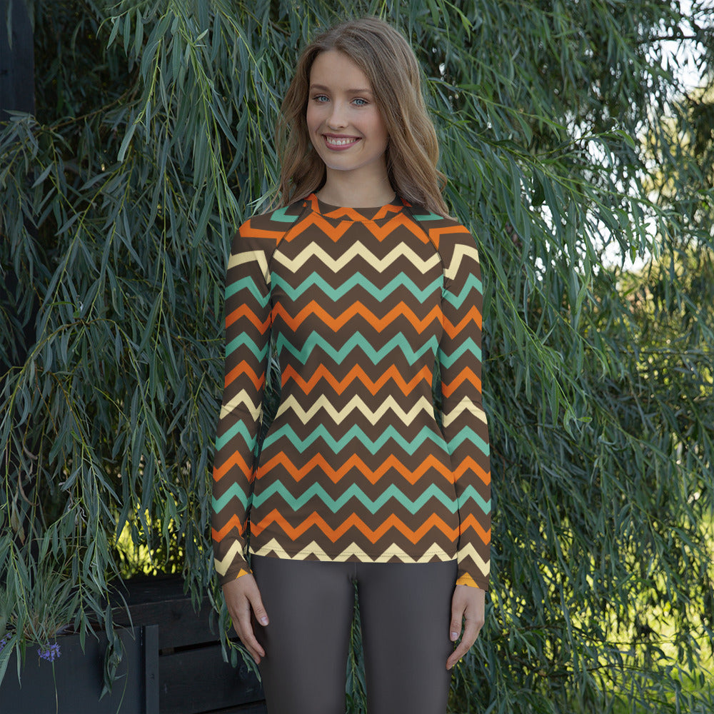 Women's Retro Chevron Long Sleeve Rash Guard Swim Shirt – Buttery Soft, Sun Safe UPF 50+ Protection, Quick Dry & 4-Way Stretch Comfort