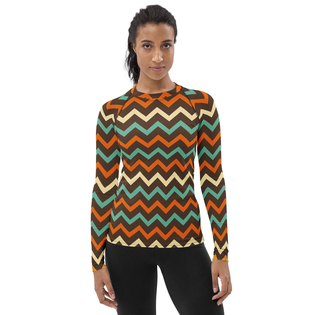 Women's Retro Chevron Long Sleeve Rash Guard Swim Shirt – Buttery Soft, Sun Safe UPF 50+ Protection, Quick Dry & 4-Way Stretch Comfort