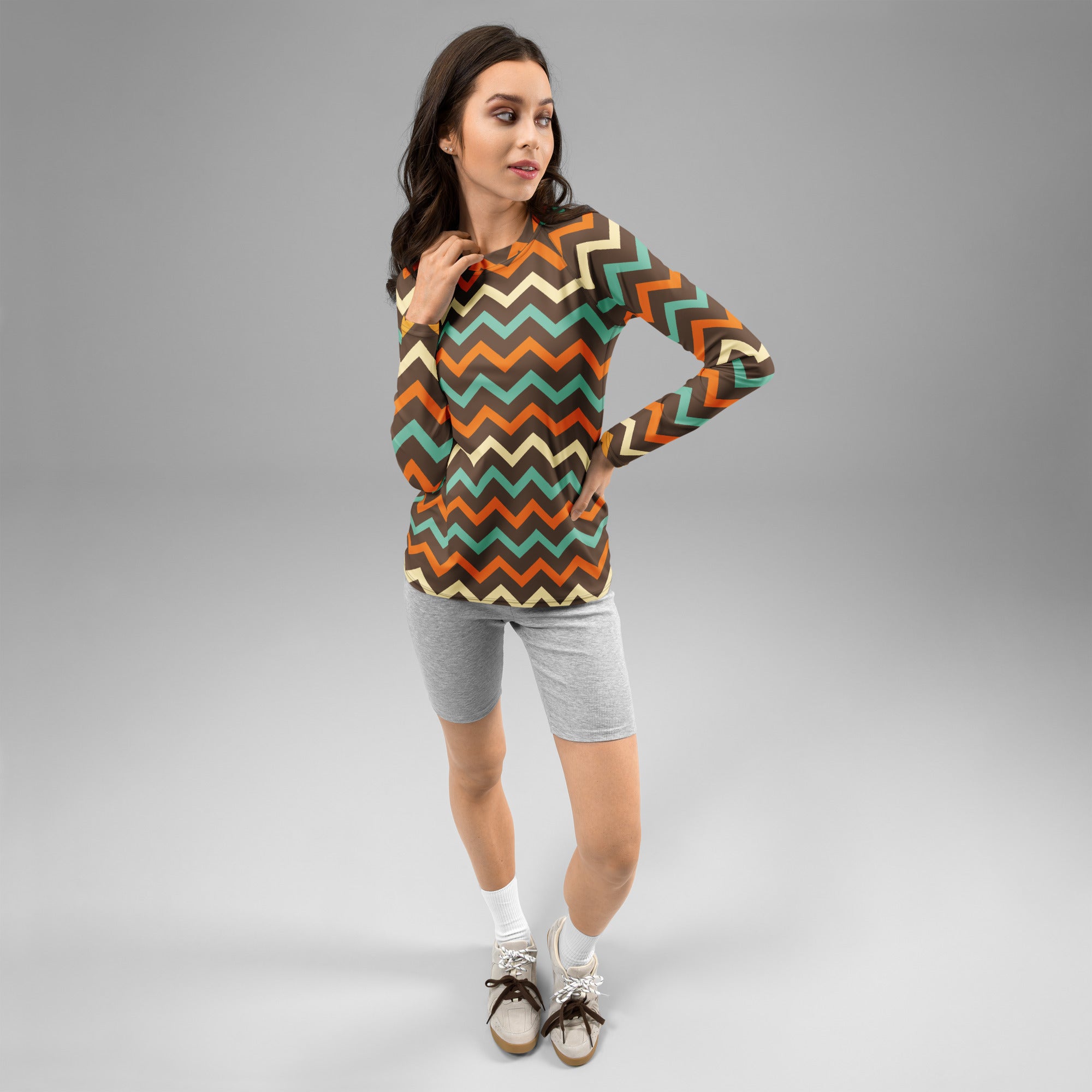Women's Retro Chevron Long Sleeve Rash Guard Swim Shirt – Buttery Soft, Sun Safe UPF 50+ Protection, Quick Dry & 4-Way Stretch Comfort