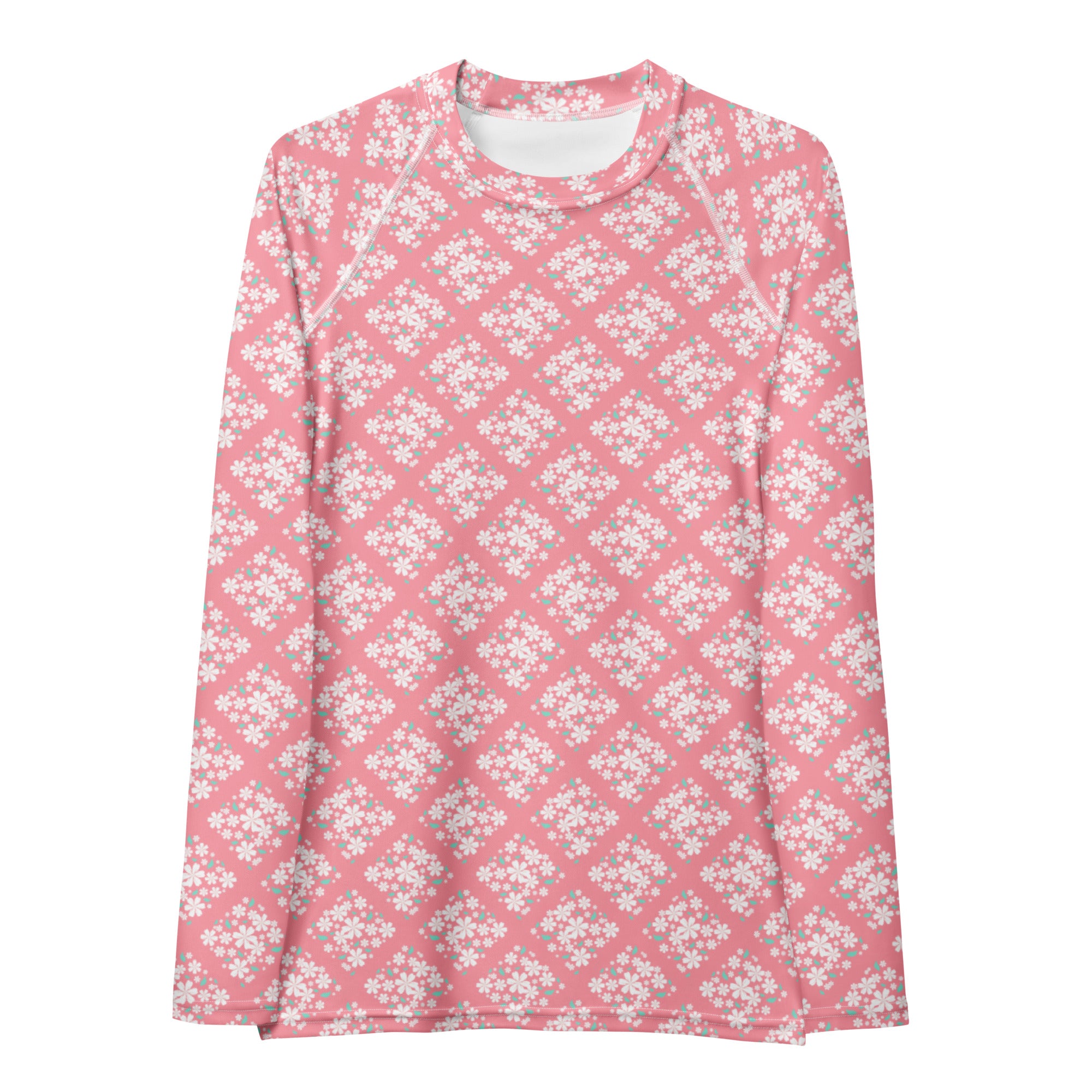 Women's Pink Floral Diamond Long Sleeve Rash Guard Swim Shirt – Buttery Soft, Sun Safe UPF 50+ Protection, Quick Dry & 4-Way Stretch Comfort