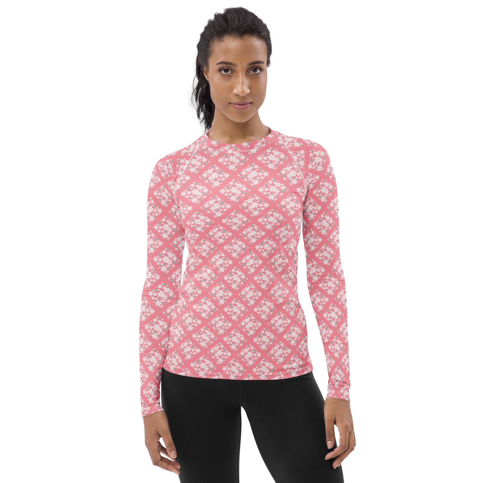 Women's Pink Floral Diamond Long Sleeve Rash Guard Swim Shirt – Buttery Soft, Sun Safe UPF 50+ Protection, Quick Dry & 4-Way Stretch Comfort