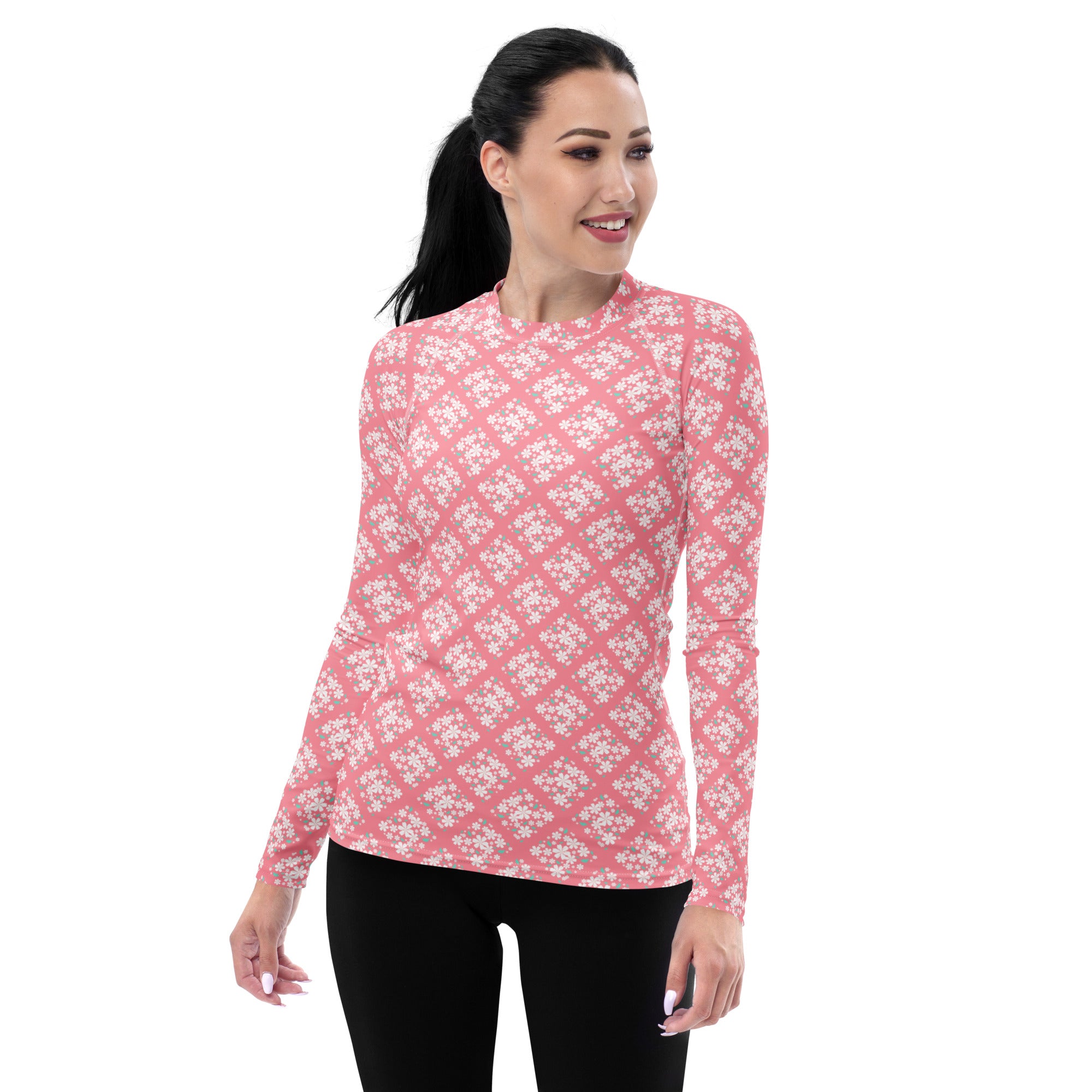 Women's Pink Floral Diamond Long Sleeve Rash Guard Swim Shirt – Buttery Soft, Sun Safe UPF 50+ Protection, Quick Dry & 4-Way Stretch Comfort