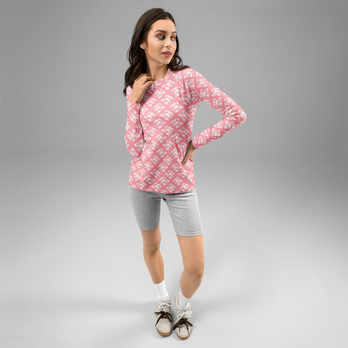 Women's Pink Floral Diamond Long Sleeve Rash Guard Swim Shirt – Buttery Soft, Sun Safe UPF 50+ Protection, Quick Dry & 4-Way Stretch Comfort
