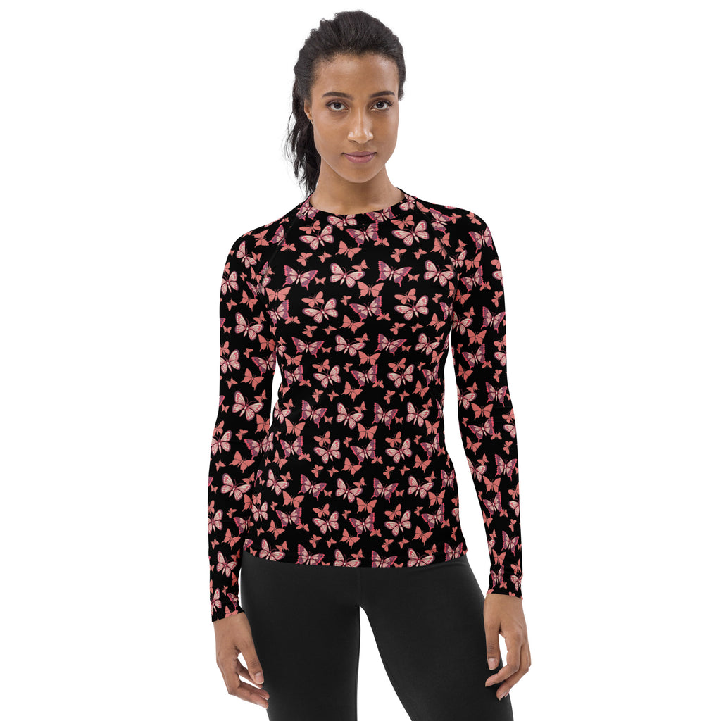 Women's Pink Butterfly Long Sleeve Rash Guard Swim Shirt – Buttery Soft, Sun Safe UPF 50+ Protection, Quick Dry & 4-Way Stretch Comfort