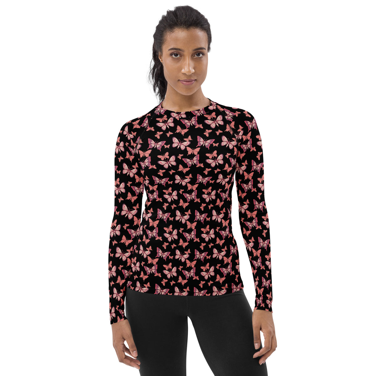 Women's Pink Butterfly Long Sleeve Rash Guard Swim Shirt – Buttery Soft, Sun Safe UPF 50+ Protection, Quick Dry & 4-Way Stretch Comfort