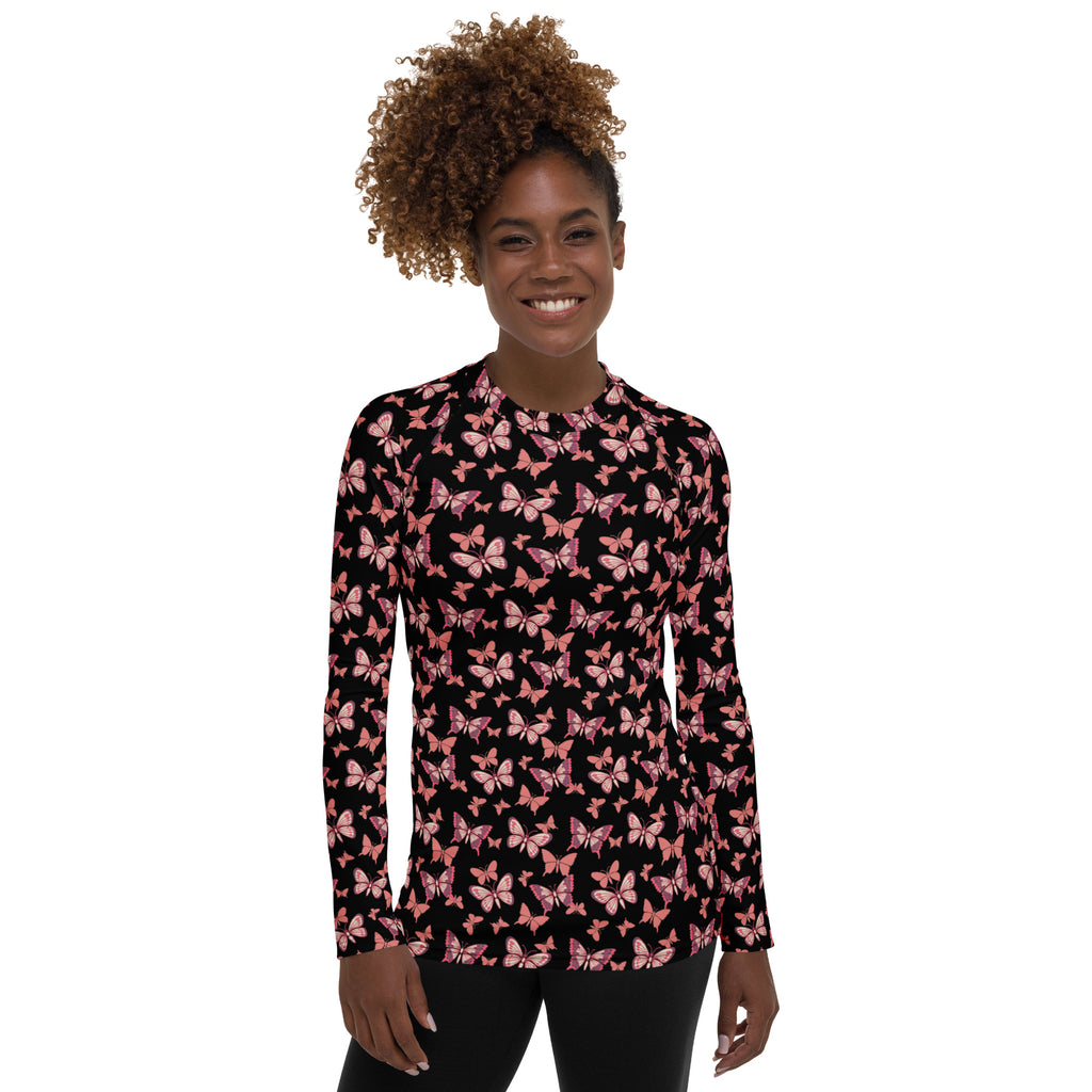 Women's Pink Butterfly Long Sleeve Rash Guard Swim Shirt – Buttery Soft, Sun Safe UPF 50+ Protection, Quick Dry & 4-Way Stretch Comfort