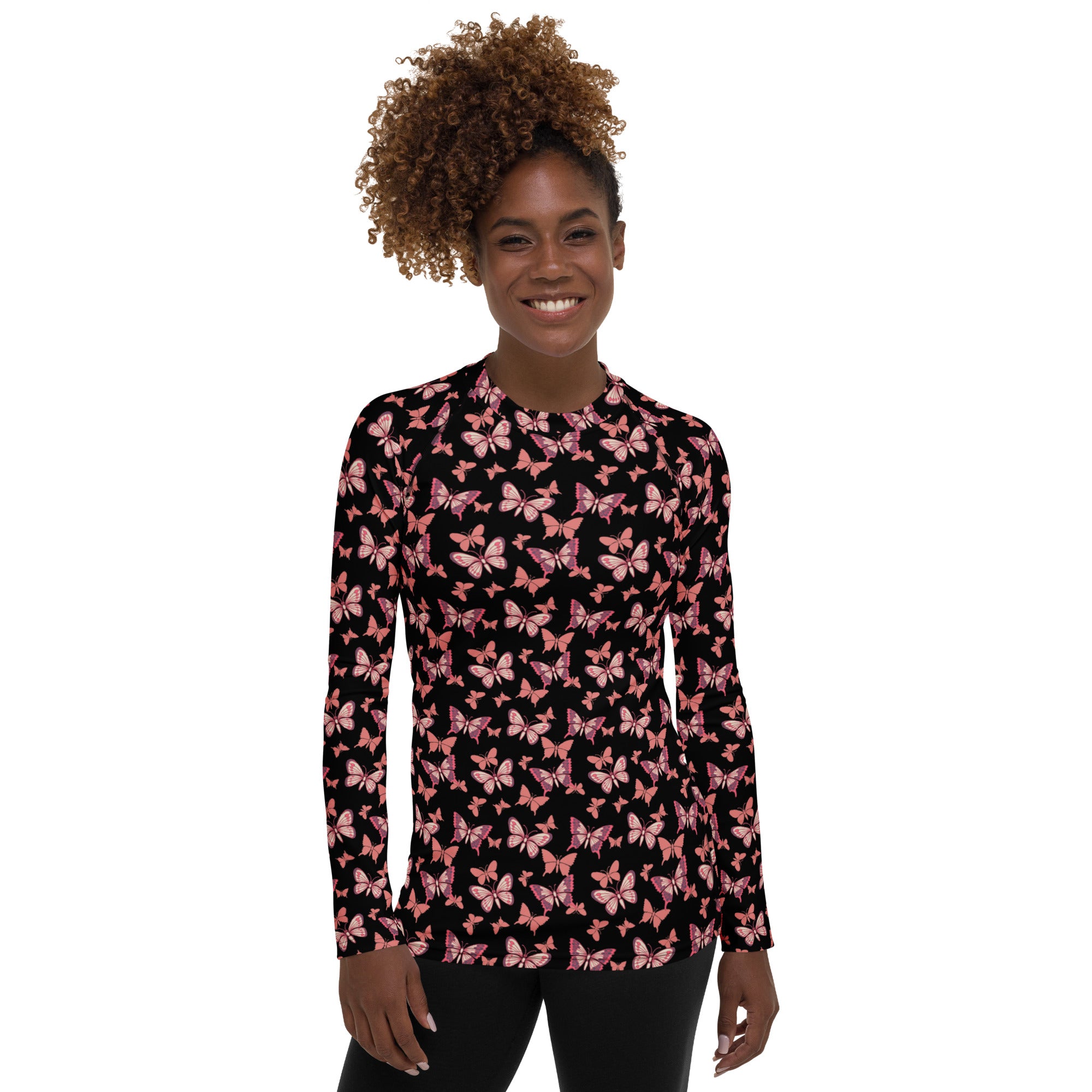 Women's Pink Butterfly Long Sleeve Rash Guard Swim Shirt – Buttery Soft, Sun Safe UPF 50+ Protection, Quick Dry & 4-Way Stretch Comfort