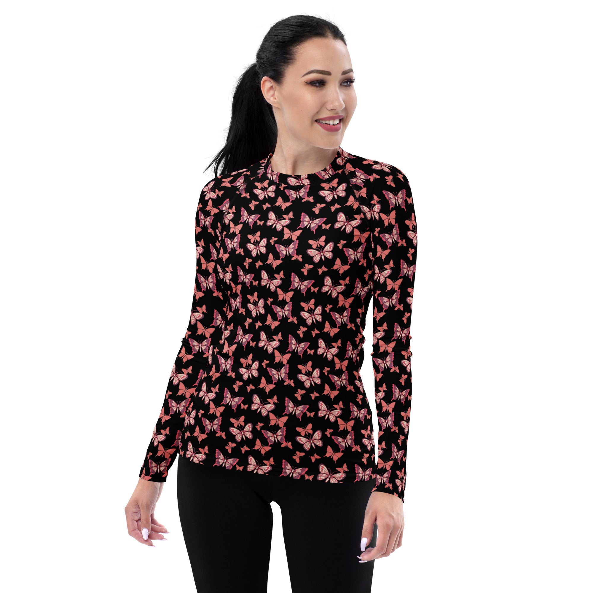 Women's Pink Butterfly Long Sleeve Rash Guard Swim Shirt – Buttery Soft, Sun Safe UPF 50+ Protection, Quick Dry & 4-Way Stretch Comfort