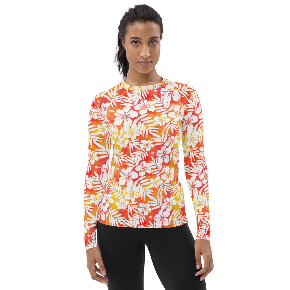 Women's Tropical Orange Floral Long Sleeve Rash Guard Swim Shirt – Buttery Soft, Sun Safe UPF 50+ Protection, Quick Dry & 4-Way Stretch Comfort