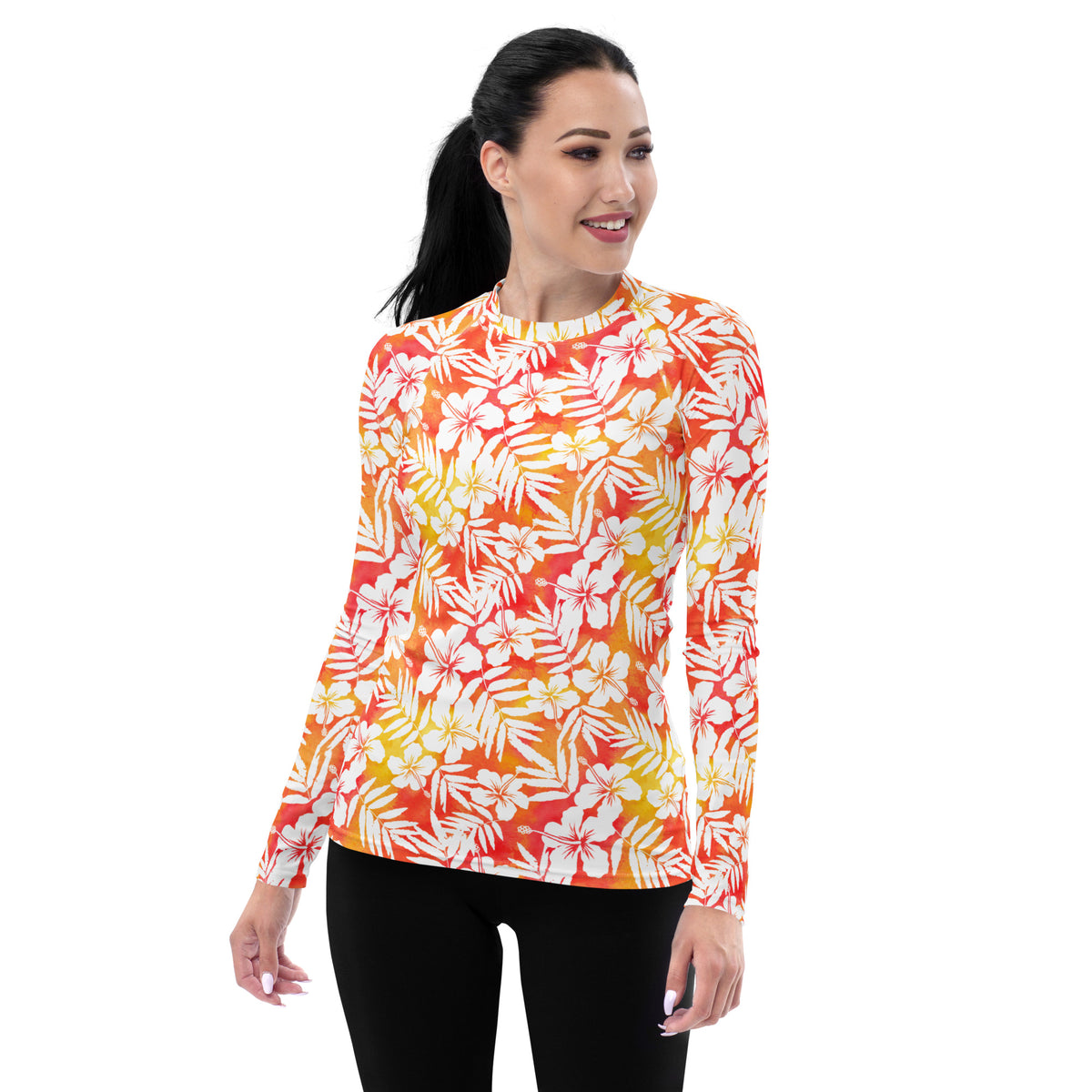 Women's Tropical Orange Floral Long Sleeve Rash Guard Swim Shirt – Buttery Soft, Sun Safe UPF 50+ Protection, Quick Dry & 4-Way Stretch Comfort