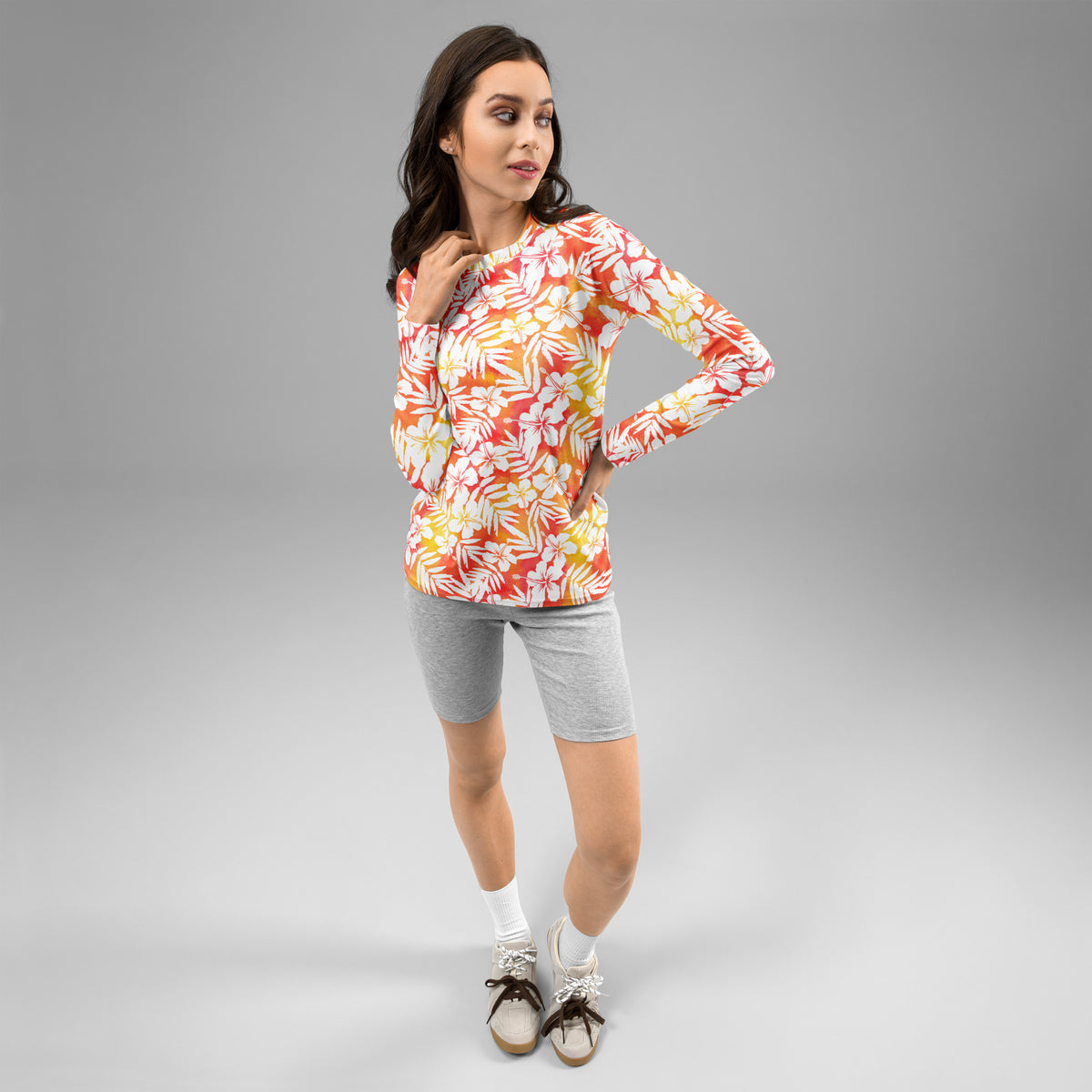 Women's Tropical Orange Floral Long Sleeve Rash Guard Swim Shirt – Buttery Soft, Sun Safe UPF 50+ Protection, Quick Dry & 4-Way Stretch Comfort