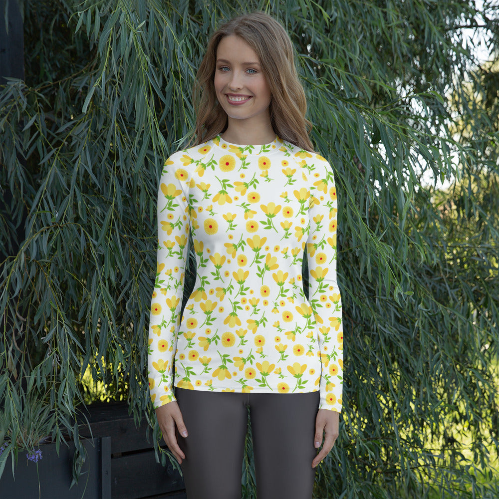 Women's Yellow Floral Wildflower Long Sleeve Rash Guard Swim Shirt – Buttery Soft, Sun Safe UPF 50+ Protection, Quick Dry & 4-Way Stretch Comfort