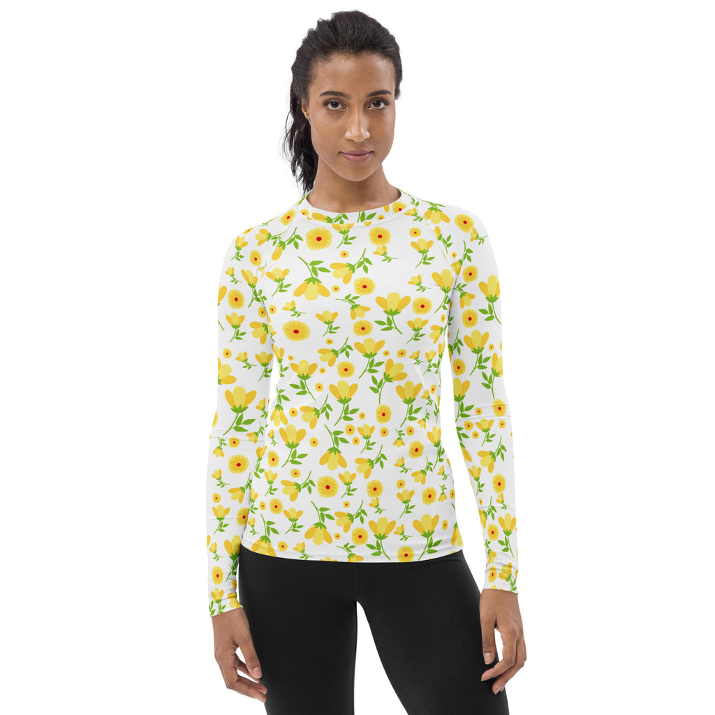 Women's Yellow Floral Wildflower Long Sleeve Rash Guard Swim Shirt – Buttery Soft, Sun Safe UPF 50+ Protection, Quick Dry & 4-Way Stretch Comfort