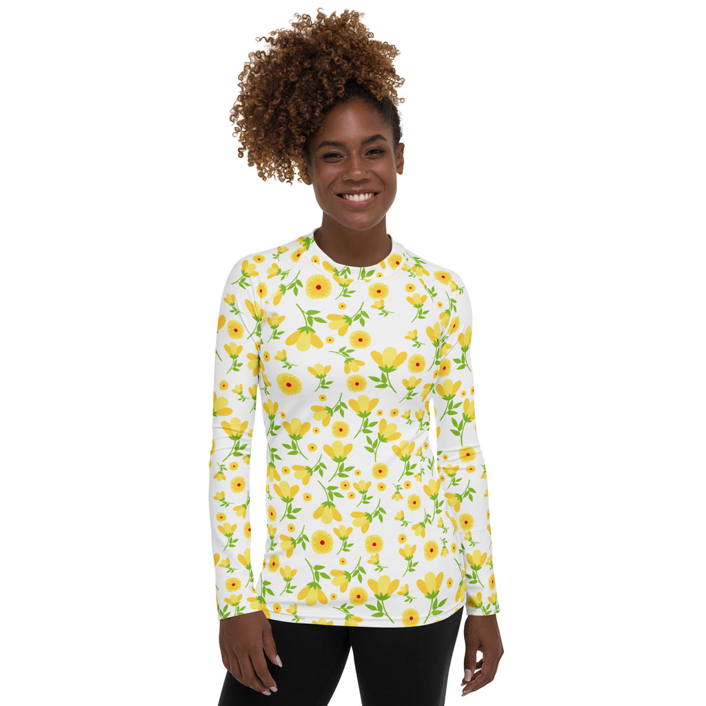 Women's Yellow Floral Wildflower Long Sleeve Rash Guard Swim Shirt – Buttery Soft, Sun Safe UPF 50+ Protection, Quick Dry & 4-Way Stretch Comfort