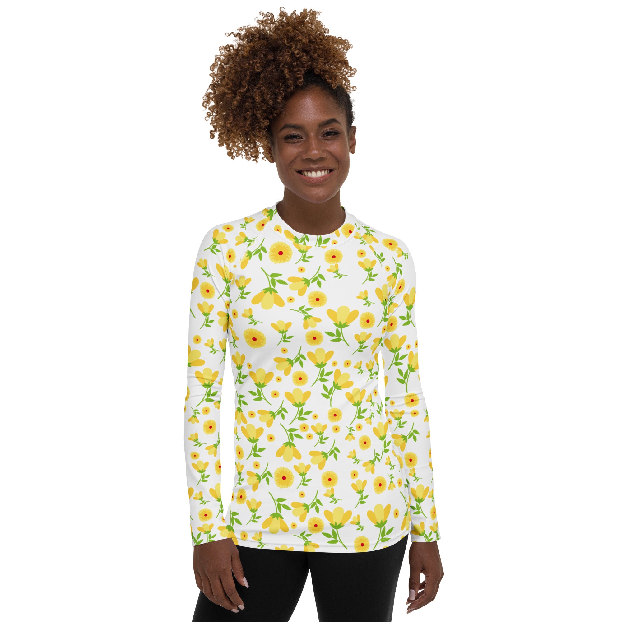 Women's Yellow Floral Wildflower Long Sleeve Rash Guard Swim Shirt – Buttery Soft, Sun Safe UPF 50+ Protection, Quick Dry & 4-Way Stretch Comfort
