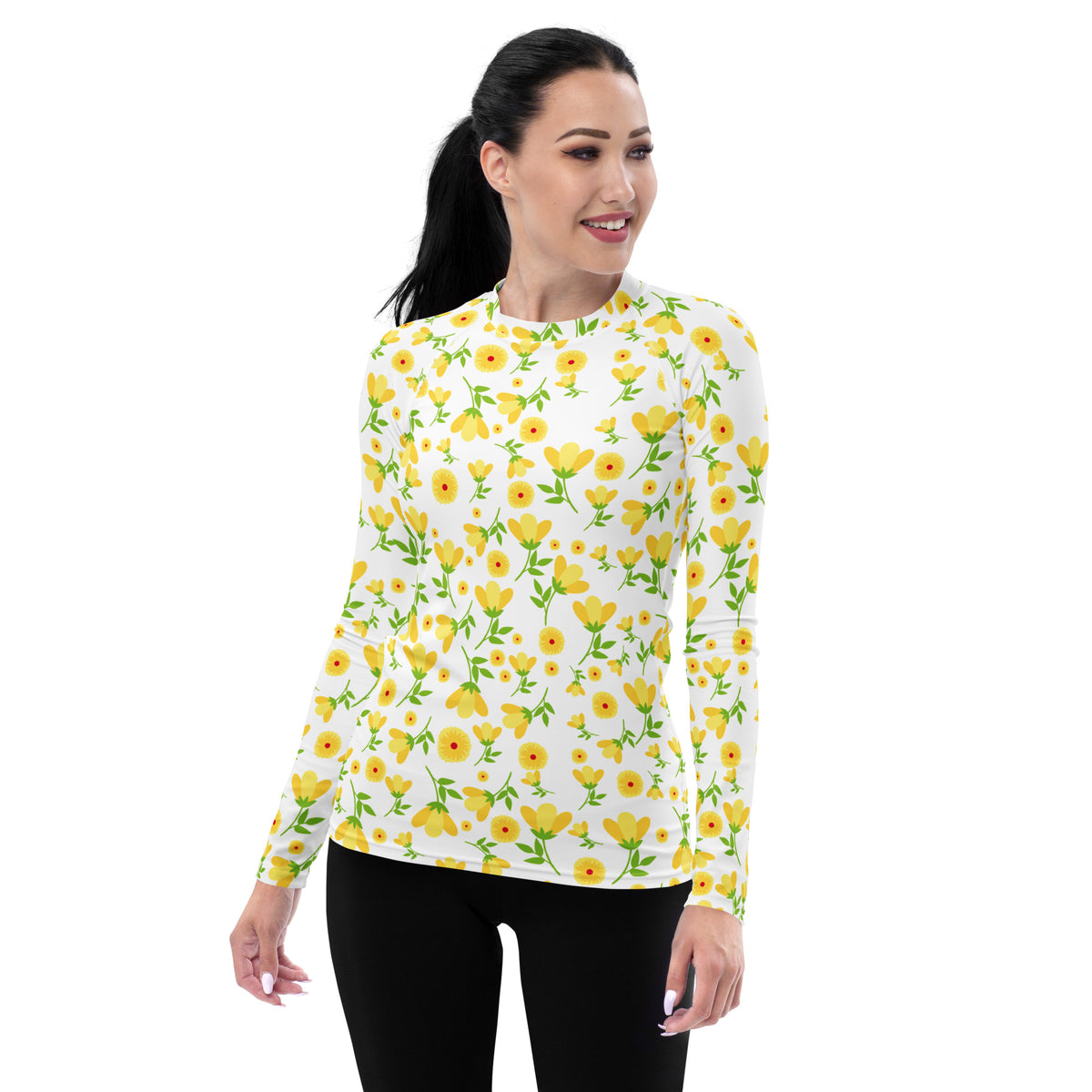 Women's Yellow Floral Wildflower Long Sleeve Rash Guard Swim Shirt – Buttery Soft, Sun Safe UPF 50+ Protection, Quick Dry & 4-Way Stretch Comfort