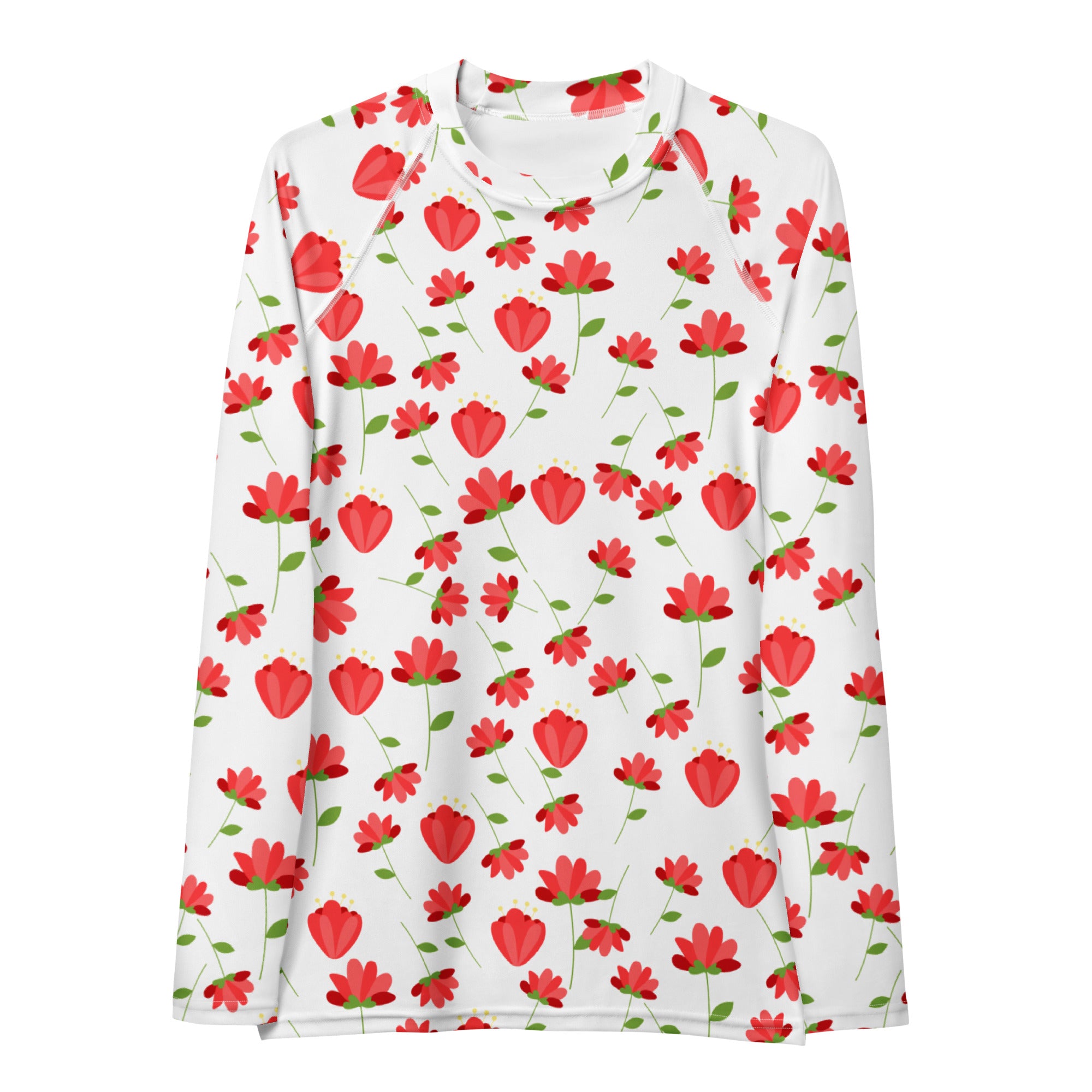 Women's Red Floral Wildflower Long Sleeve Rash Guard Swim Shirt – Buttery Soft, Sun Safe UPF 50+ Protection, Quick Dry & 4-Way Stretch Comfort