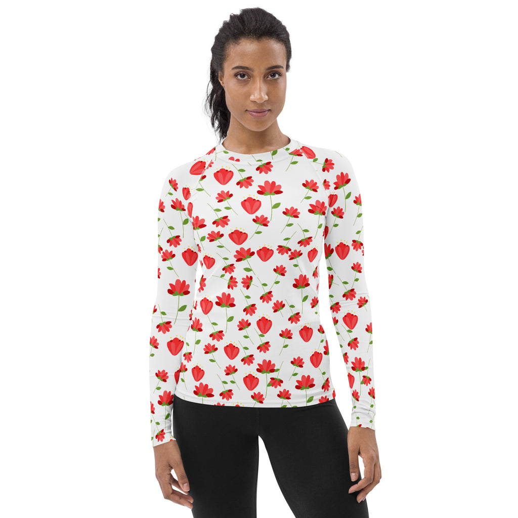 Women's Red Floral Wildflower Long Sleeve Rash Guard Swim Shirt – Buttery Soft, Sun Safe UPF 50+ Protection, Quick Dry & 4-Way Stretch Comfort