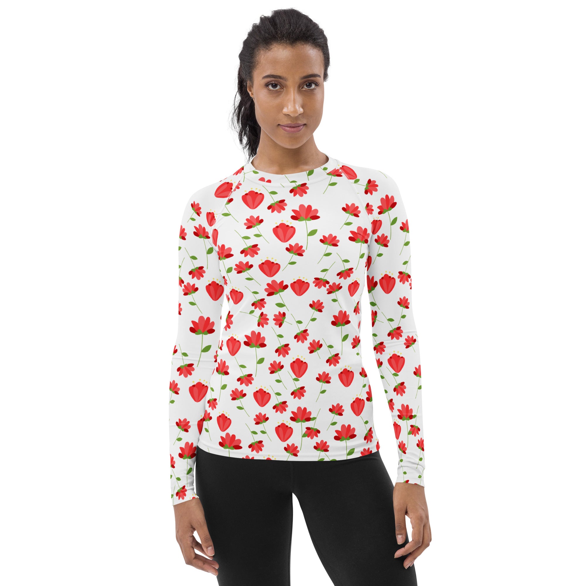 Women's Red Floral Wildflower Long Sleeve Rash Guard Swim Shirt – Buttery Soft, Sun Safe UPF 50+ Protection, Quick Dry & 4-Way Stretch Comfort