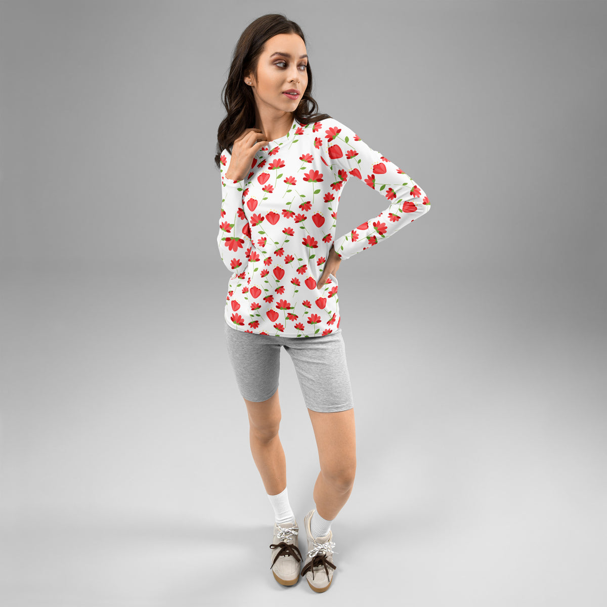 Women's Red Floral Wildflower Long Sleeve Rash Guard Swim Shirt – Buttery Soft, Sun Safe UPF 50+ Protection, Quick Dry & 4-Way Stretch Comfort