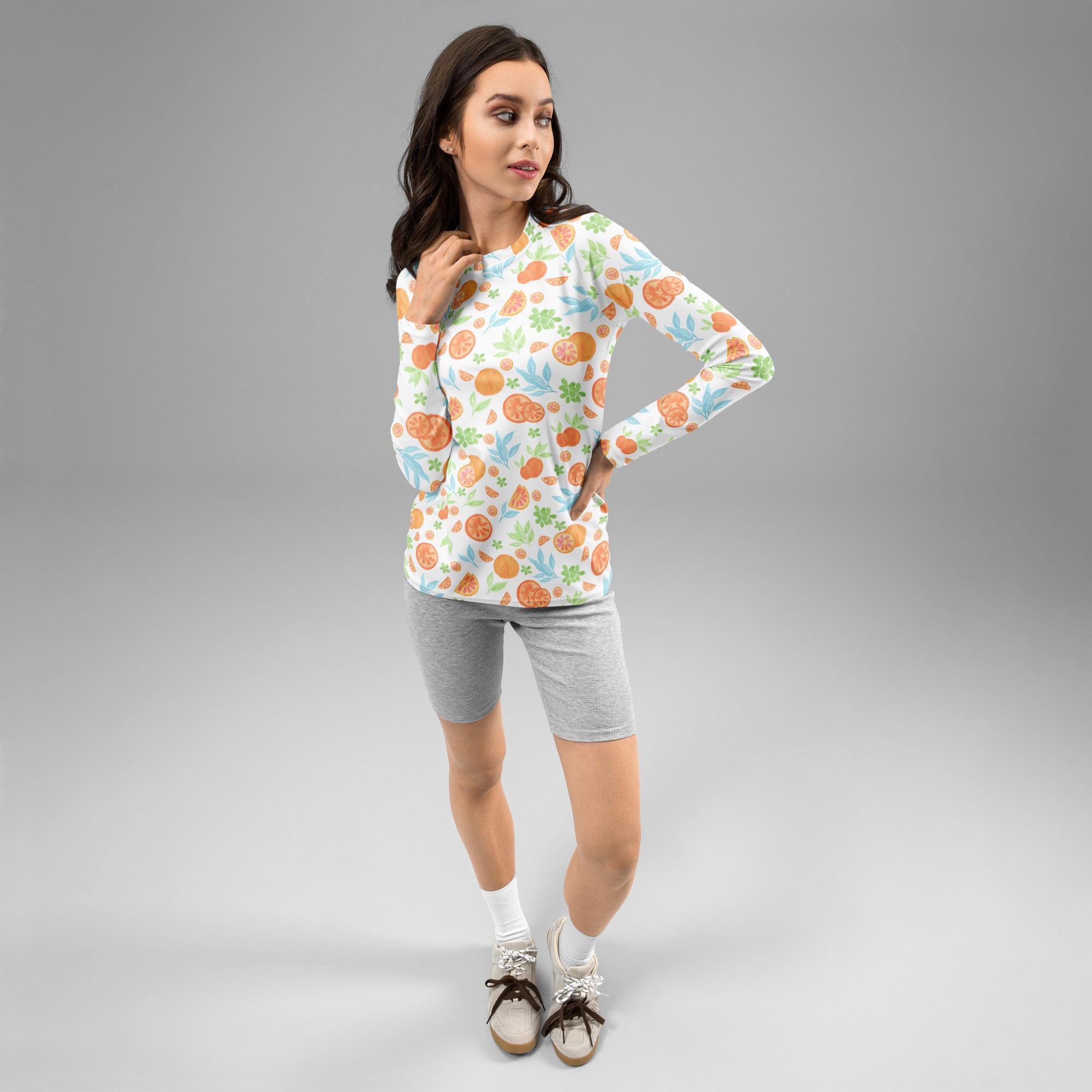 Women's Watercolor Orange Citrus Long Sleeve Rash Guard Swim Shirt – Buttery Soft, Sun Safe UPF 50+ Protection, Quick Dry & 4-Way Stretch Comfort