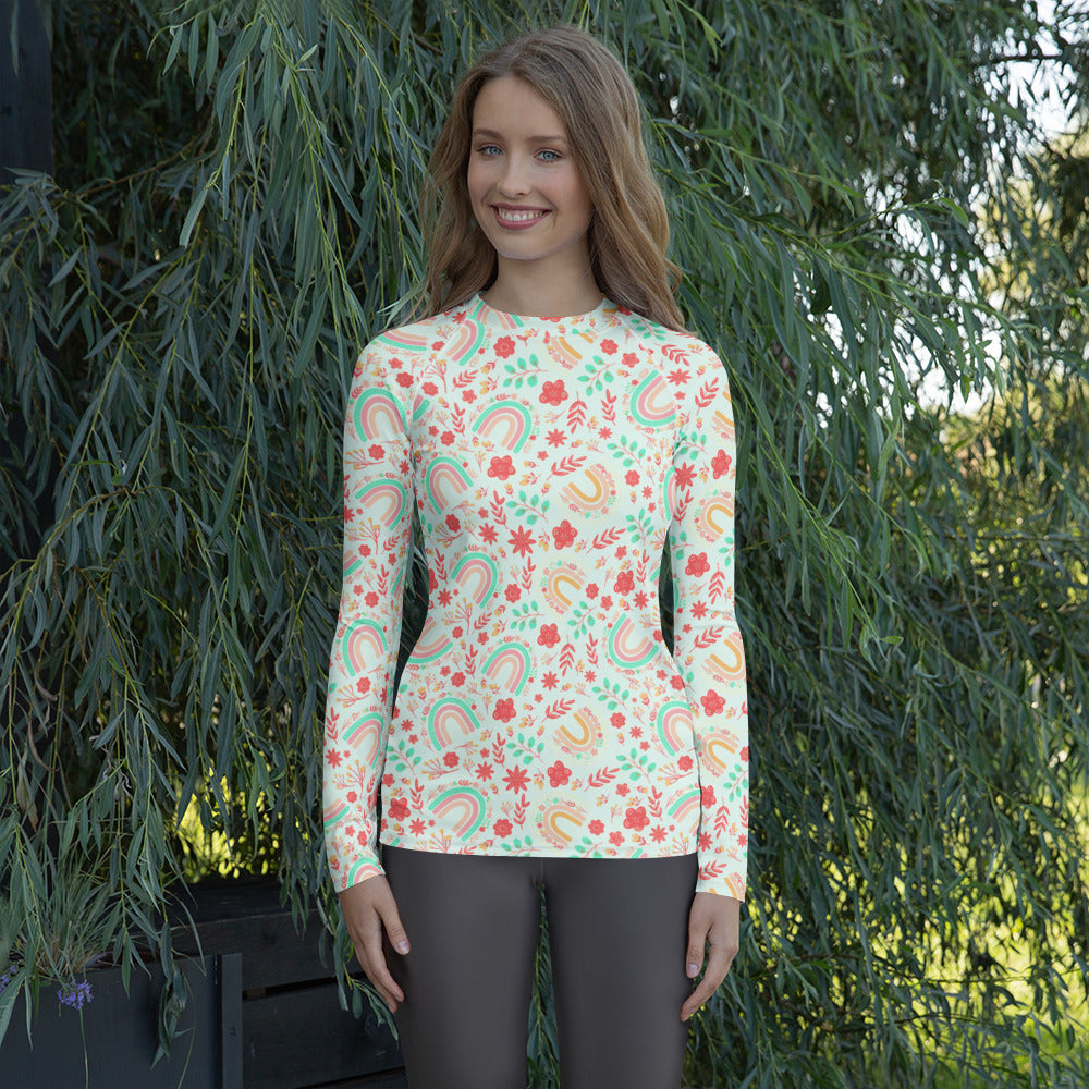 Women's Boho Rainbow Floral Long Sleeve Rash Guard Swim Shirt – Buttery Soft, Sun Safe UPF 50+ Protection, Quick Dry & 4-Way Stretch Comfort