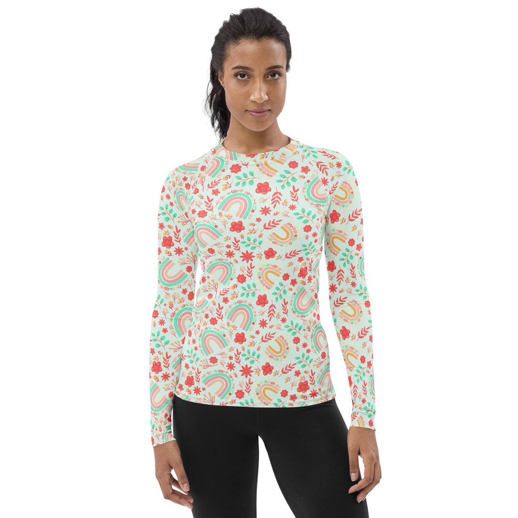 Women's Boho Rainbow Floral Long Sleeve Rash Guard Swim Shirt – Buttery Soft, Sun Safe UPF 50+ Protection, Quick Dry & 4-Way Stretch Comfort