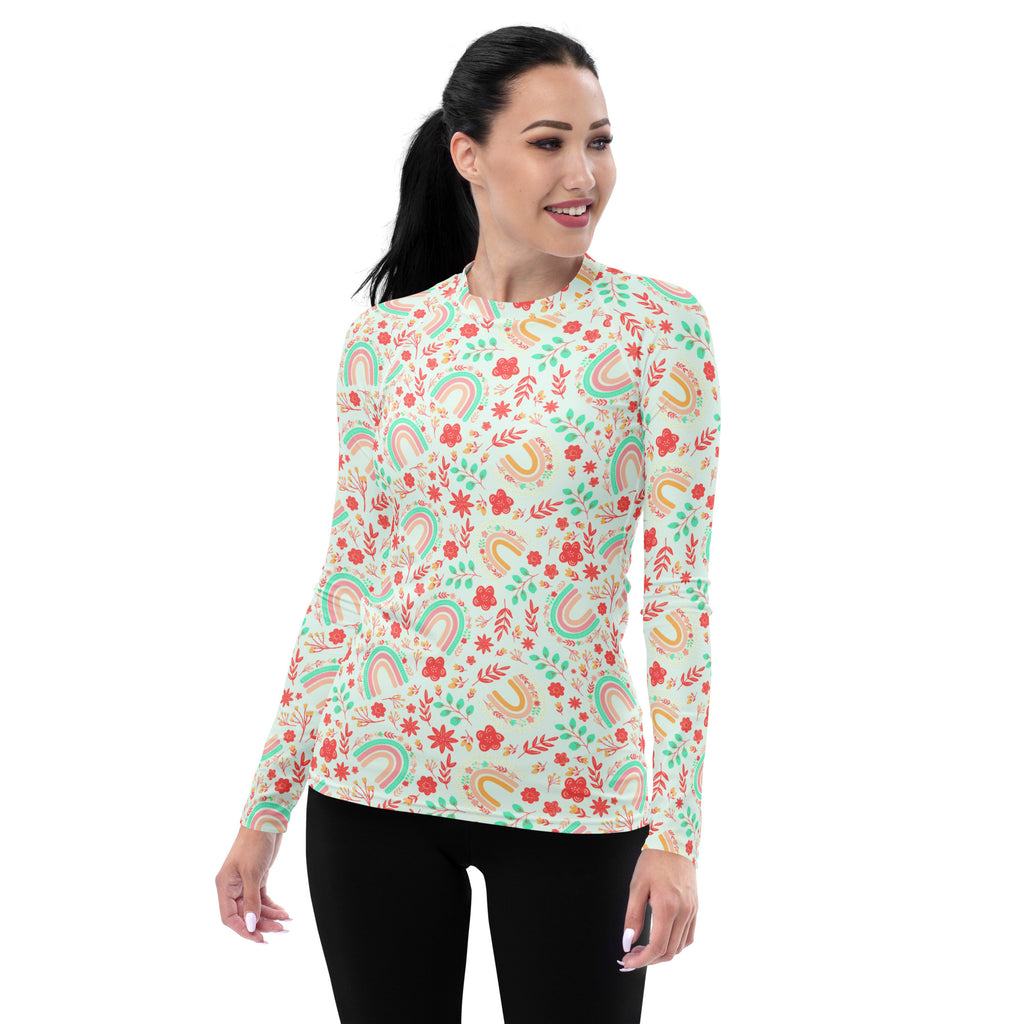 Women's Boho Rainbow Floral Long Sleeve Rash Guard Swim Shirt – Buttery Soft, Sun Safe UPF 50+ Protection, Quick Dry & 4-Way Stretch Comfort