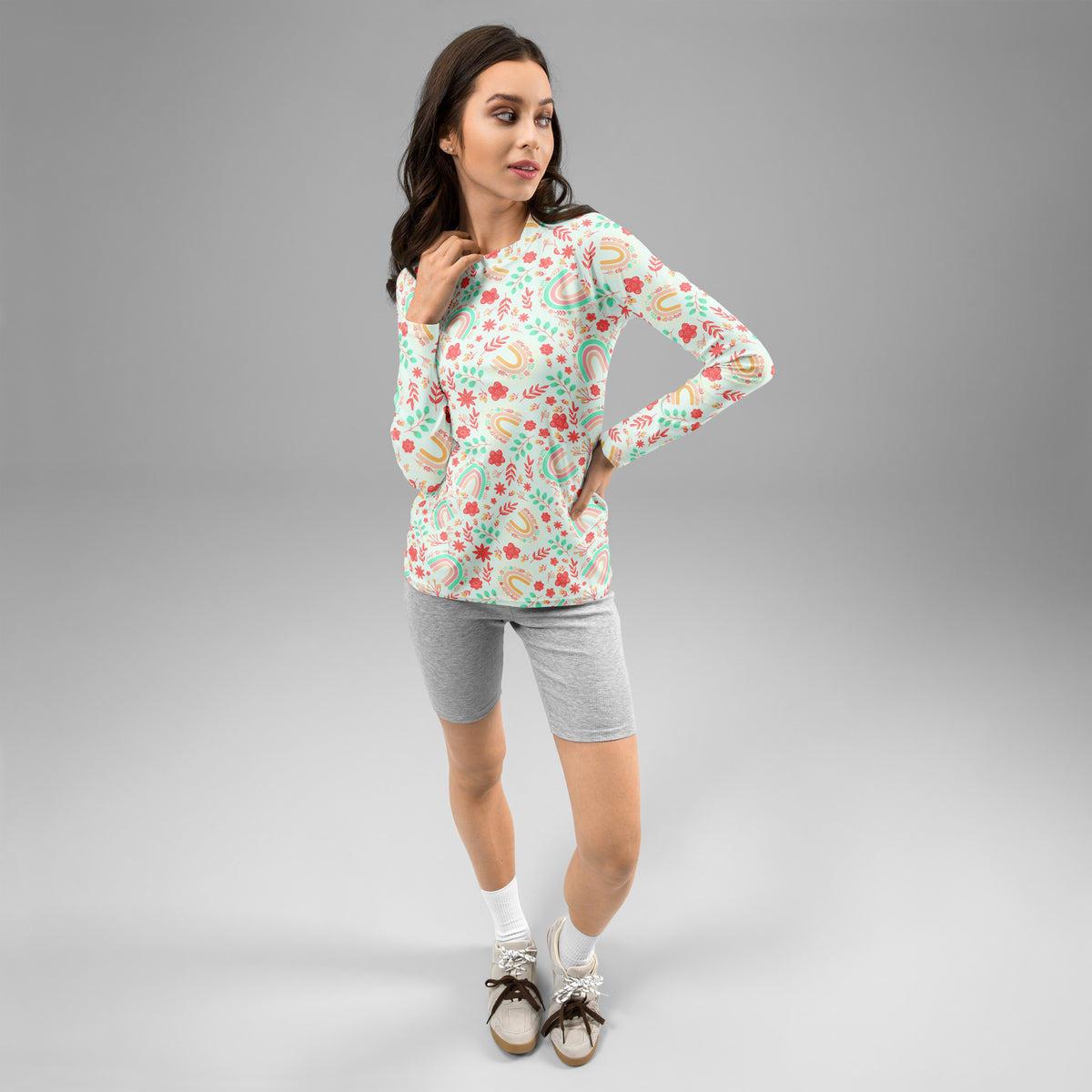 Women's Boho Rainbow Floral Long Sleeve Rash Guard Swim Shirt – Buttery Soft, Sun Safe UPF 50+ Protection, Quick Dry & 4-Way Stretch Comfort