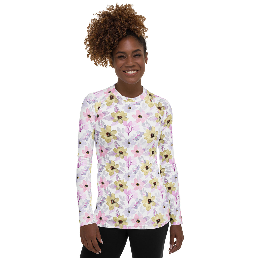 Women's Watercolor Wildflower Long Sleeve Rash Guard Swim Shirt – Buttery Soft, Sun Safe UPF 50+ Protection, Quick Dry & 4-Way Stretch Comfort