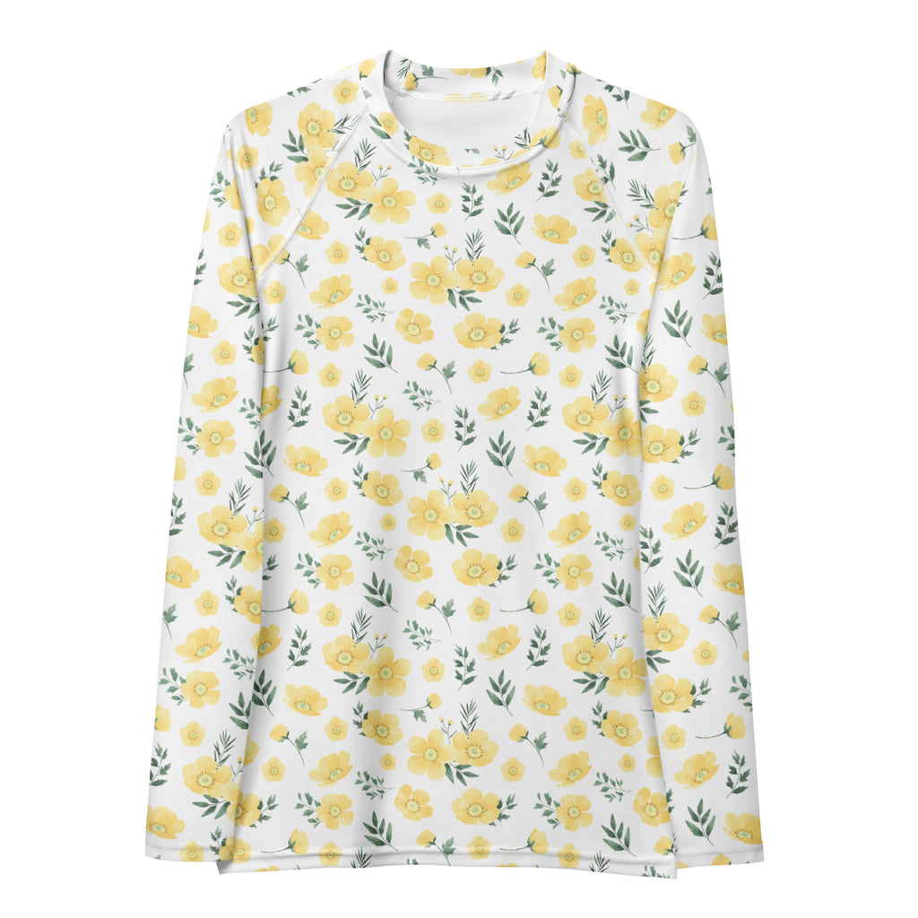 Women's Yellow Flowers Long Sleeve Rash Guard Swim Shirt – Buttery Soft, Sun Safe UPF 50+ Protection, Quick Dry & 4-Way Stretch Comfort
