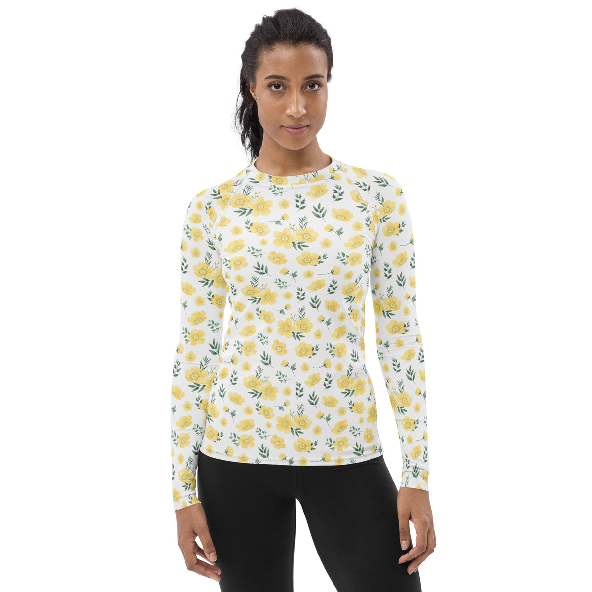 Women's Yellow Flowers Long Sleeve Rash Guard Swim Shirt – Buttery Soft, Sun Safe UPF 50+ Protection, Quick Dry & 4-Way Stretch Comfort