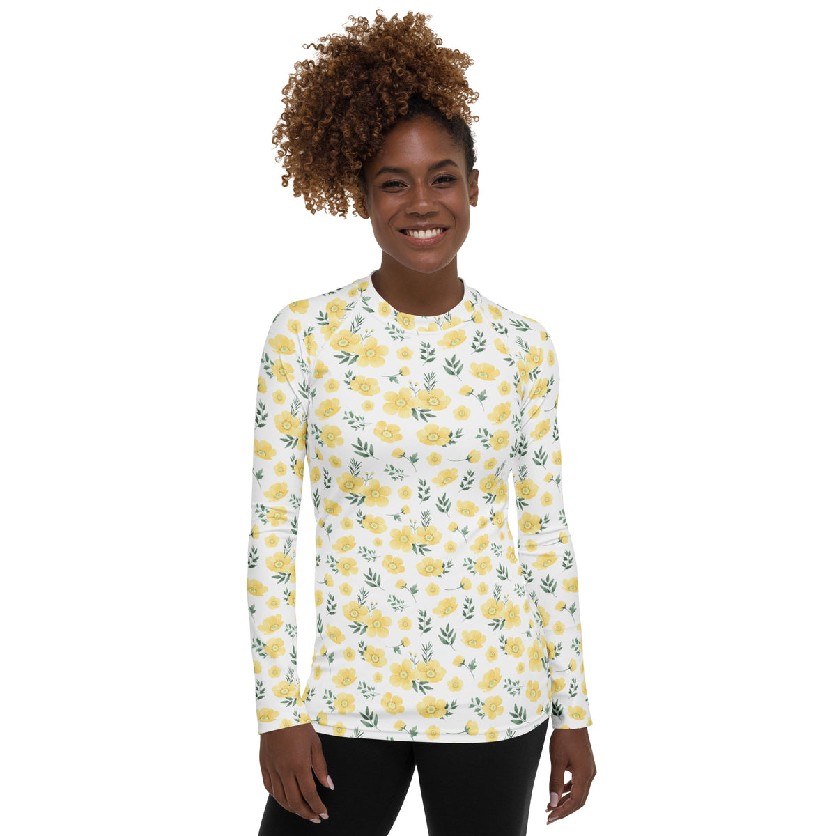 Women's Yellow Flowers Long Sleeve Rash Guard Swim Shirt – Buttery Soft, Sun Safe UPF 50+ Protection, Quick Dry & 4-Way Stretch Comfort